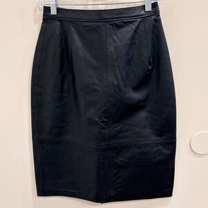 VTG 80s Comint Black Leather Pencil Skirt High Waisted Minimalist Staple Small